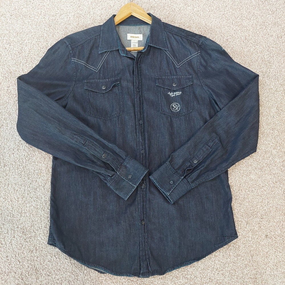 Diesel Denim Blue Western Military Wear Button Up‎ Long Sleeve Shirt Size Large